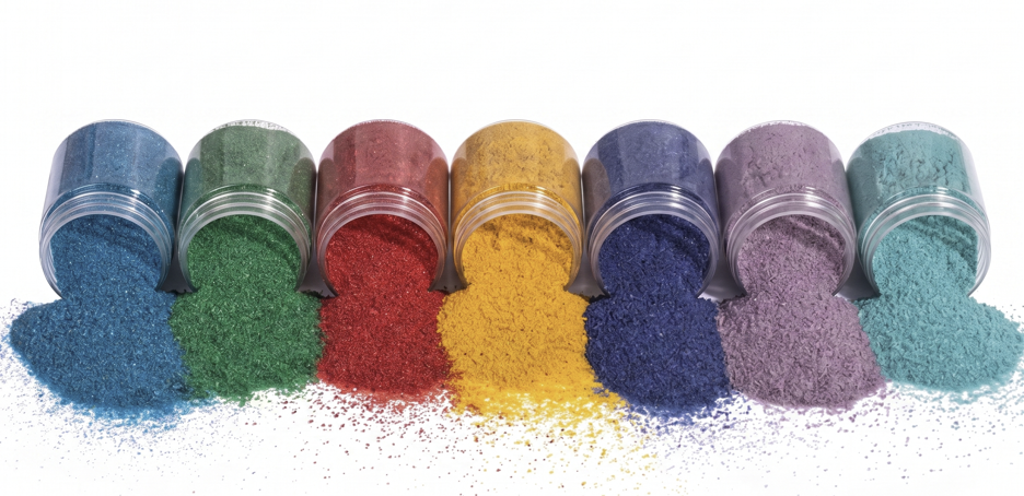 Seven jars of colored sand