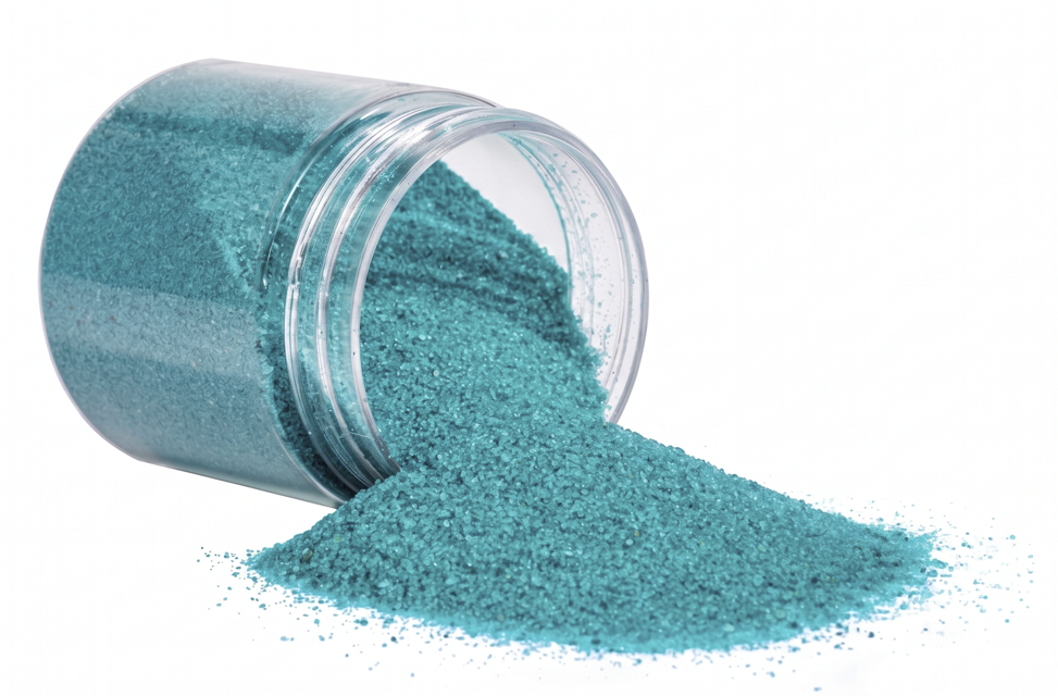 Clear jar with spilled Turquoise hand-dyed quartz sand